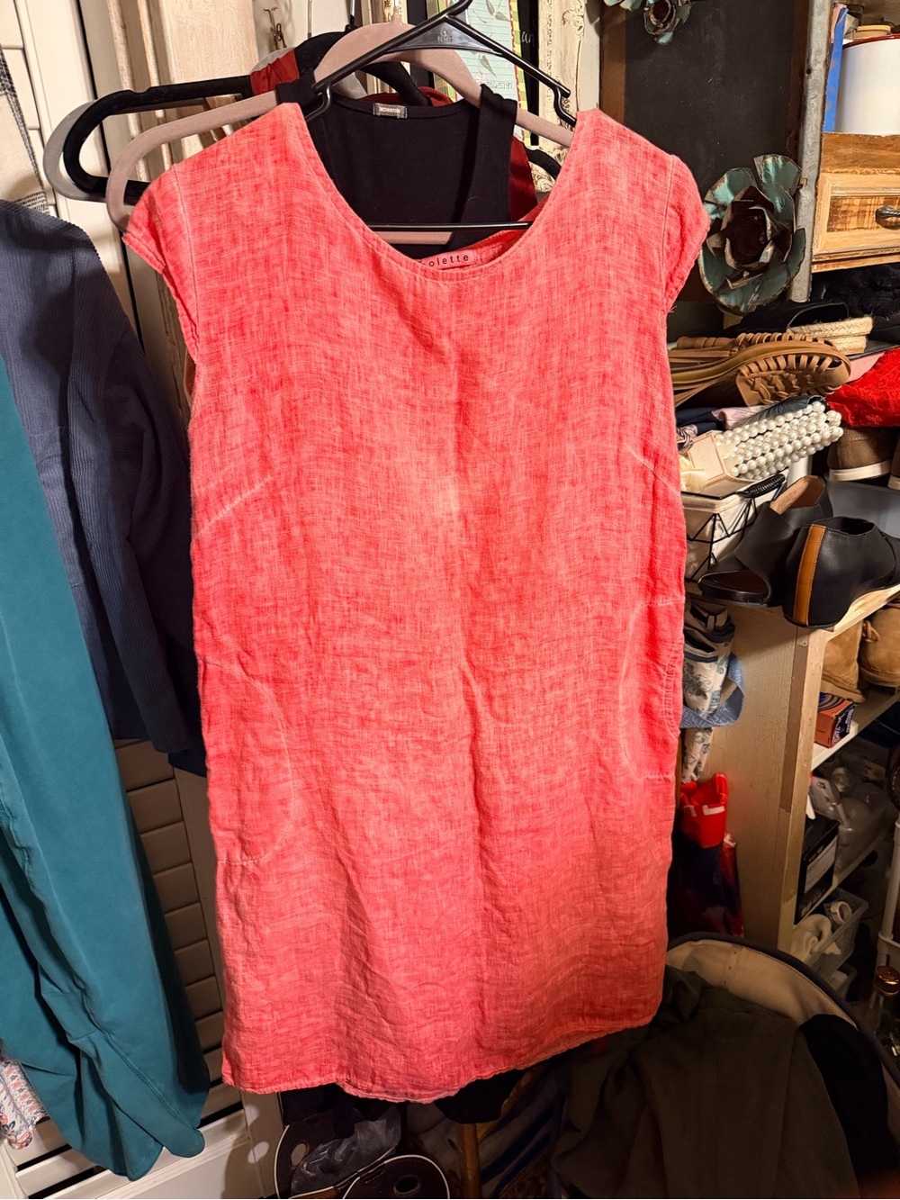 Colette Made in Italy 100% Linen Coral Pink Shift Dress Pockets sz M